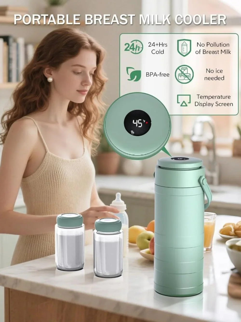 Portable Breast Milk Cooler with 24H Cooling, Digital Temp Display & 2 BPA-Free